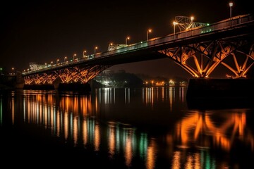Fototapeta na wymiar nighttime bridge over water, illuminated by lights, with water reflections. Generative AI