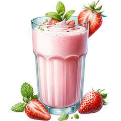 Strawberry Lassi, A hyper-realistic watercolor style image of a strawberry lassi in a tall glass, PNG Clipart, High Quality Transparent Backgrounds