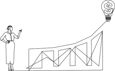 continuous lines businesswoman graphs and shapes create financial analysis concept