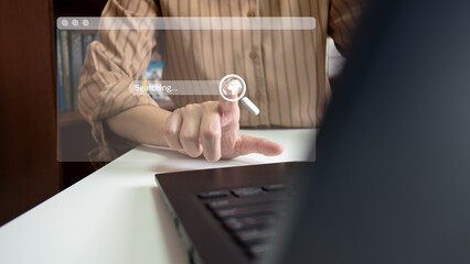 SEO Search Engine Optimization, Searching for information on Internet with laptop, using website...