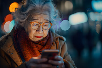 A happy old woman looking at the phone screen in the evening, checking her smartphone.