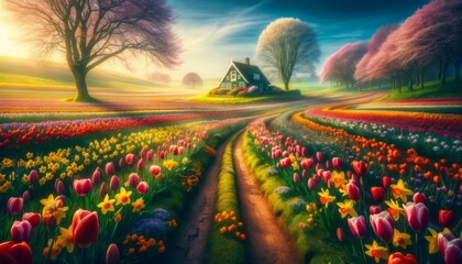 Vibrant Tulip Fields with Farmhouse - Colorful Spring Landscape Art - obrazy, fototapety, plakaty