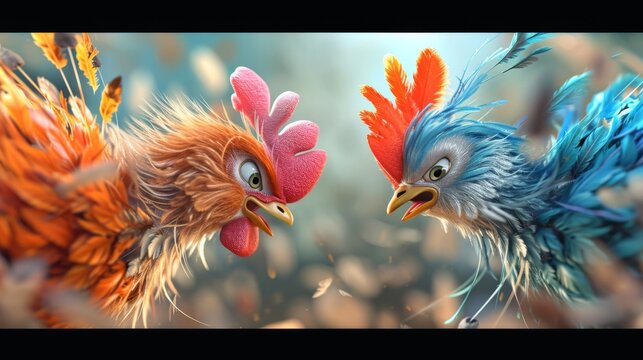 Cartoon scene As the final round approaches tensions rise a the top contenders. Two feisty feathers engage in a feather war aggressively poking and prodding at eac