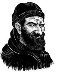 Fisherman character. Hand-drawn retro styled black and white illustration