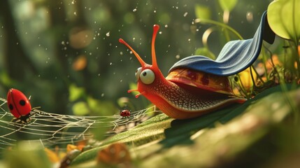 In a creative take on the clic damsel in distress scenario a snail superhero in a cape and mask carefully scales a blade of gr to rescue a ladybug from a spiders web in