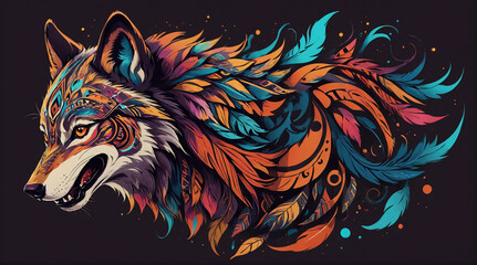 wolf head logo,colorfull tribal animal logo,Generative Ai