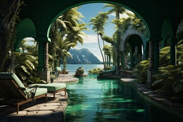 Tropical Resort Pool, on an isolated Emerald Green background, Generative AI