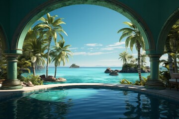 Tropical Resort Pool, on an isolated Emerald Green background, Generative AI