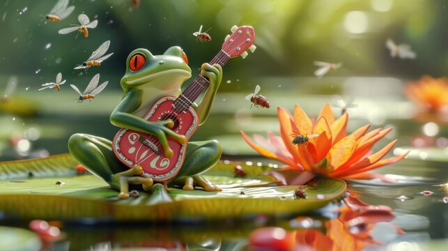 Cartoon scene of a frog on a lily pad rocking out on a tiny guitar surrounded by adoring fans made of dragonflies and water bugs