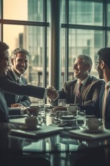 Successful business meeting where professionals celebrate a profitable deal with handshakes and smiles, Generative AI