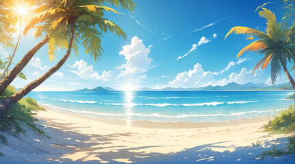 Fototapeta na wymiar Beautiful beach views in the morning with bright blue skies and the sun dazzling the eyes. Anime style