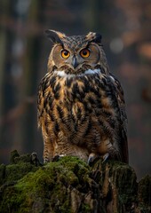 Fototapeta premium owl sitting tree stump wilders helicopters tremendous birds closeup amulet crown body length feathers moloch soprano screen