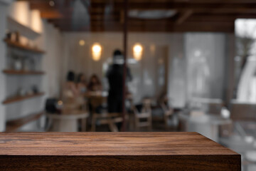 Empty wooden table with blurred background of cafe and restaurant.
