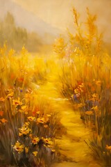 yellow field wildflowers path dreamy light often described flame bright color blurred walking desert imagining blissful fate narrow footpath