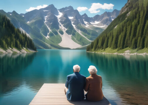 Two elderly people, a family of a man and a woman, are sitting on a wooden pier on the shore of a mountain lake. Life in retirement, travel of older people