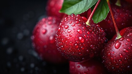 Photograph of bright red cherries adorned with water droplets, exuding a refreshing look with a minimal composition and ample copy space