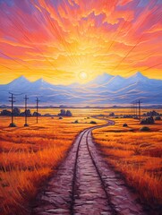 Nostalgic Route 66 Landscapes: Dawn Painting of Early Morning Road on Sunrise Highway - obrazy, fototapety, plakaty