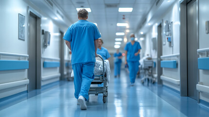 Back view healthcare worker in scrubs pushing a medical trolley down a bustling hospital corridor.