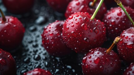 Photograph of bright red cherries adorned with water droplets, exuding a refreshing look with a minimal composition and ample copy space