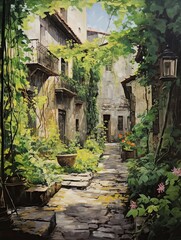 Fototapeta na wymiar Green Alleys: Old-World European Countryside Art - Alleys Meadow Painting