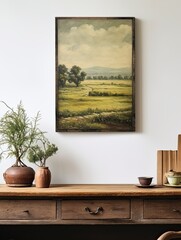 Vintage Art Print: Pastoral Countryside Meadows Country Painting with Rustic Wall Decor
