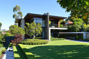 a modern house with a large garden, flower garden, and trees