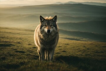 Snowy mountain wolf with piercing gray eyes in its natural habitat - obrazy, fototapety, plakaty