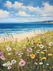 Pastoral Countryside Meadows Seascape Art Print: Meadow by Shore, Ocean Wall Decor