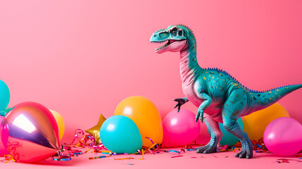 A playful mammal toy, resembling a dinosaur, playfully stands next to colorful balloons, capturing the essence of childhood wonder and imagination