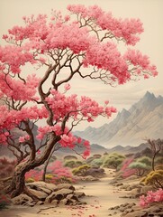 Picturesque Cherry Blossoms Desert Landscape: Oasis Bloom in Vintage Art