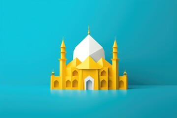 Yellow Origami Mosque on blue background. Paper cut style. Ramadan Kareem concept