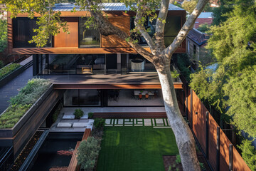 high view of a modern design house with tree, lawn and landscaping, flowers garden