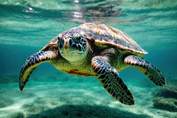 Tropical sea turtle gracefully glides through the vibrant blue ocean waters, surrounded by colorful coral reefs and marine life