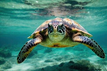 Fototapeta premium Tropical sea turtle gracefully glides through the vibrant blue ocean waters, surrounded by colorful coral reefs and marine life