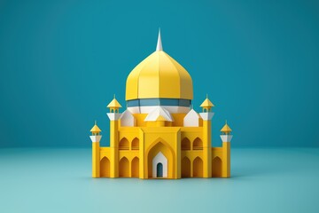 Yellow Origami Mosque on blue background. Paper cut style. Ramadan Kareem concept
