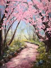 Picturesque Cherry Blossoms Pathway Painting: Captivating Garden Walk, Alluring Nature Art