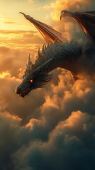 Fototapeta premium dragon flying clouds wings spread view brunet promotional return king still rick sun sky strong breathtaking