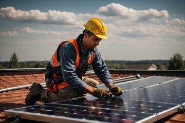 A worker on a roof, using a tablet, engages in construction work outdoors with a child nearby, ensuring safety with a helmet, in a fun and dynamic building environment under the open sky