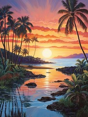 Radiant Hawaiian Sunsets Dawn Painting: Morning Island Glow Beach Scene - obrazy, fototapety, plakaty