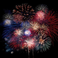 "Midnight Fireworks": Display an isolated set of fireworks bursting in the night sky on a white background with generative ai