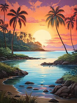 Radiant Hawaiian Sunsets Wall Art: Beach Scene Painting with Island Vibes