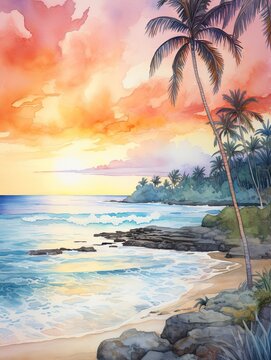 Radiant Hawaiian Sunsets Watercolor Landscape: Soft Sun Hues and Beach Art Scene