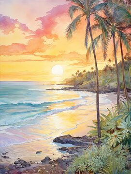 Radiant Hawaiian Sunsets: Soft Sun Hues - Watercolor Beach Art Landscape