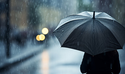 Person holds umbrella under rain on dark background, close up, copy space