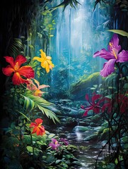 Rain-Kissed Flower Petals: Vibrant Art Print Inspired by Rainforest Jungle Scene
