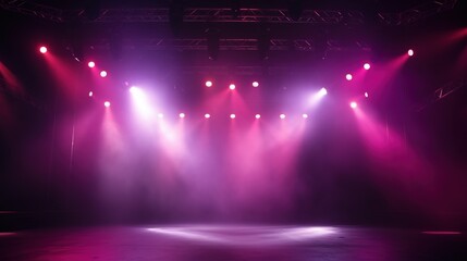 Stage Light with Red Pink Purple Spotlights and Smoke. Concert and Theatre Dark Scene
