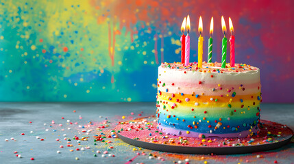 Indulge in a sweet celebration with a vibrant rainbow cake adorned with flickering candles, a symbol of love and warmth on a special birthday