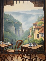 Rainy European Cafes: Mountain Landscape, Hillside Coffee Houses, Scenic Vista Wall Art