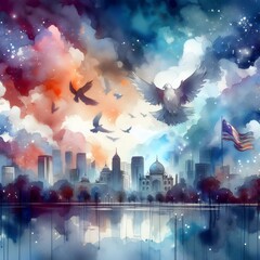 Birds flying over the city. Watercolor painting. National Freedom Day Illustration. nation, country, fredom and memorial day concept.