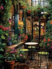 Fototapeta na wymiar Rainy European Cafe Gardens: a Botanical Delight in Art